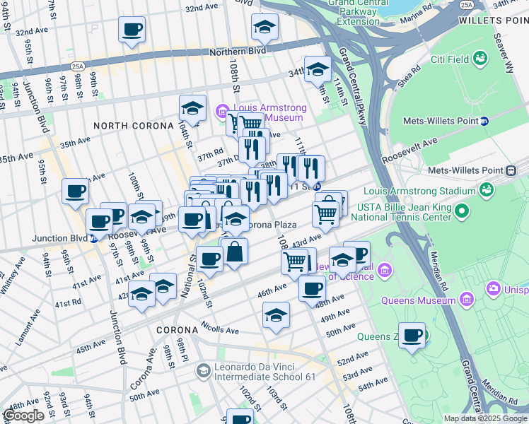 map of restaurants, bars, coffee shops, grocery stores, and more near 40-05 108th Street in Queens