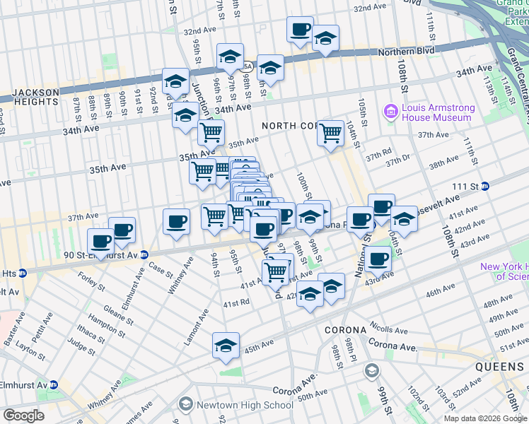 map of restaurants, bars, coffee shops, grocery stores, and more near 37-51 97th Street in Queens