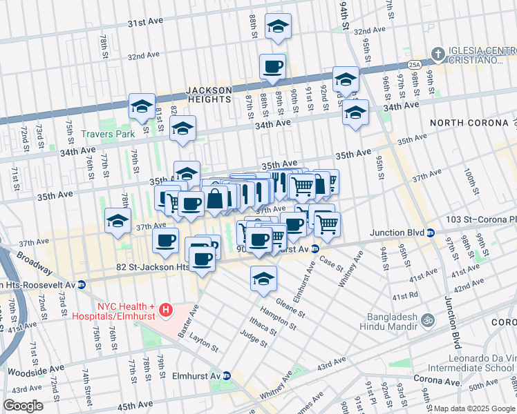 map of restaurants, bars, coffee shops, grocery stores, and more near 8612 37th Avenue in Queens