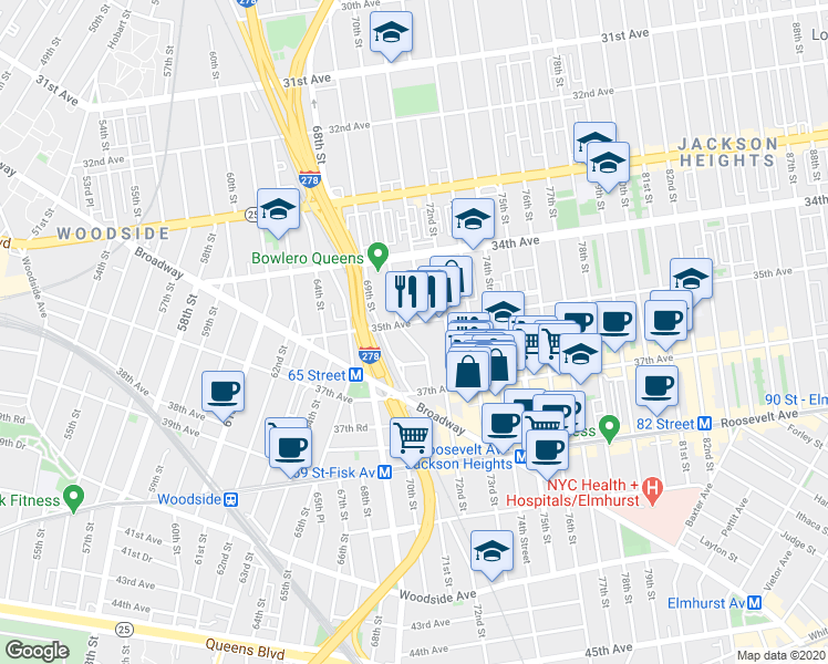map of restaurants, bars, coffee shops, grocery stores, and more near 7112 35th Avenue in Queens