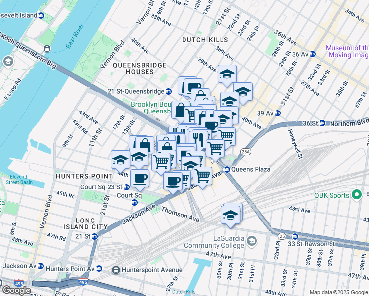 map of restaurants, bars, coffee shops, grocery stores, and more near 42-22 Crescent Street in Queens