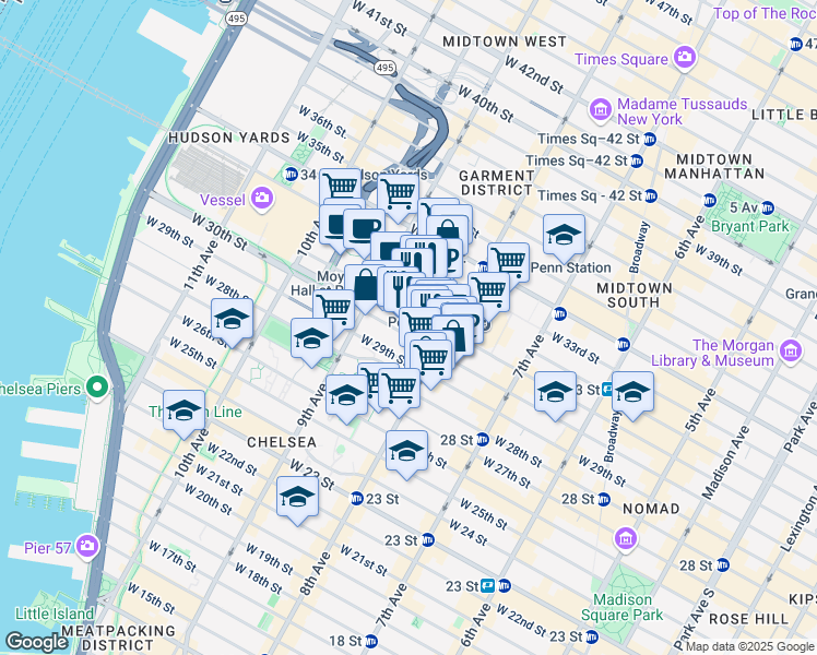 map of restaurants, bars, coffee shops, grocery stores, and more near 341 West 30th Street in New York