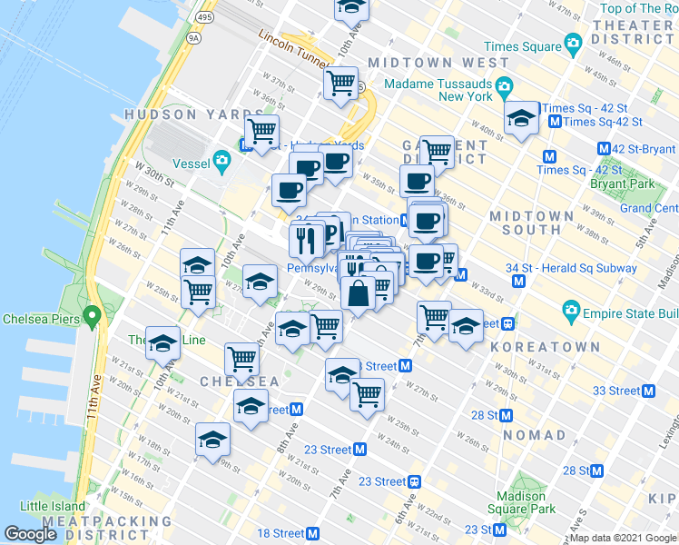 map of restaurants, bars, coffee shops, grocery stores, and more near 341 West 30th Street in New York