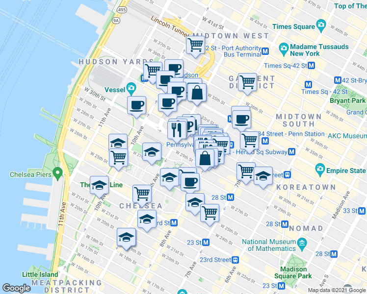 map of restaurants, bars, coffee shops, grocery stores, and more near 370 West 30th Street in New York