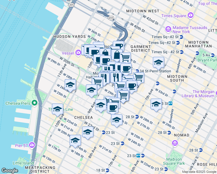 map of restaurants, bars, coffee shops, grocery stores, and more near 370 West 30th Street in New York