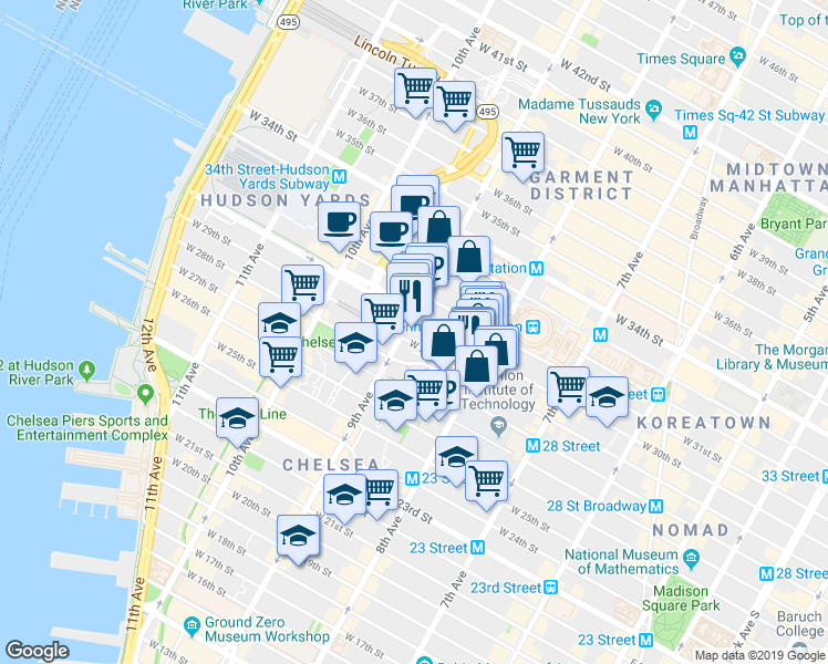 map of restaurants, bars, coffee shops, grocery stores, and more near 370 West 30th Street in New York