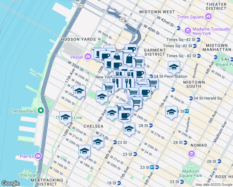map of restaurants, bars, coffee shops, grocery stores, and more near 370 West 30th Street in New York