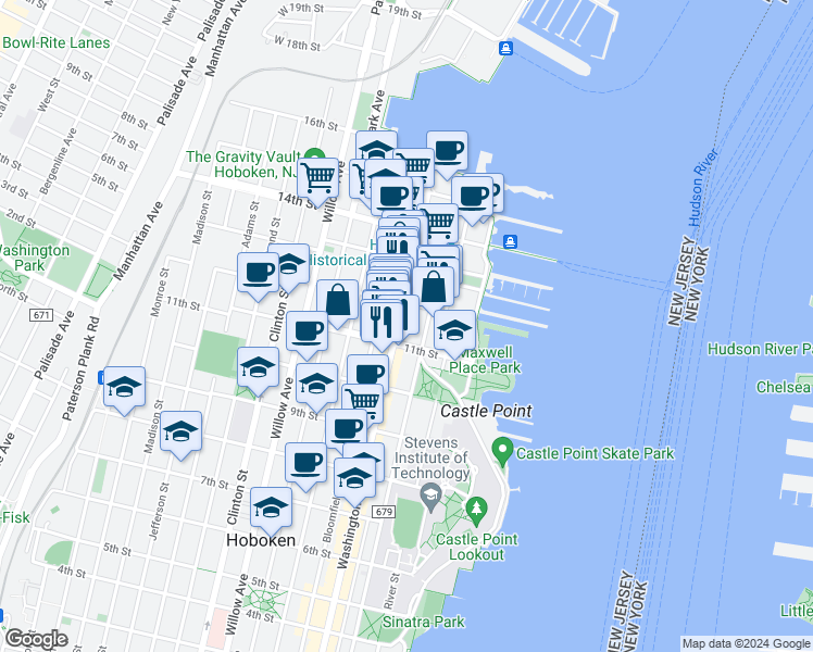 map of restaurants, bars, coffee shops, grocery stores, and more near 1117 Washington Street in Hoboken