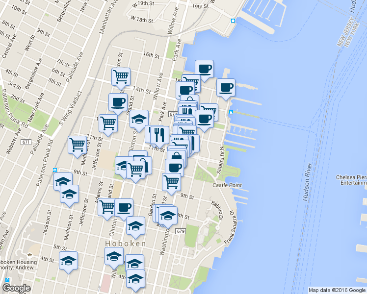map of restaurants, bars, coffee shops, grocery stores, and more near 1100 Washington Street in Hoboken
