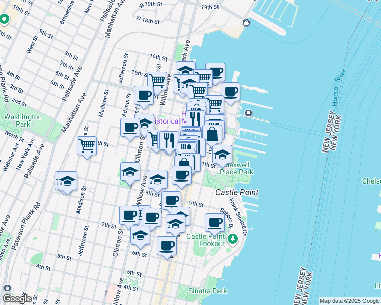map of restaurants, bars, coffee shops, grocery stores, and more near 1100 Washington Street in Hoboken