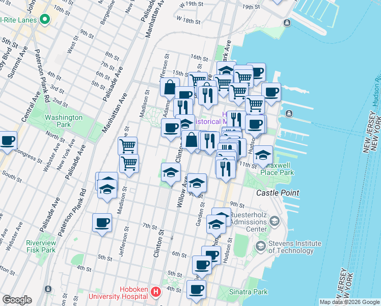map of restaurants, bars, coffee shops, grocery stores, and more near 315 11th Street in Hoboken
