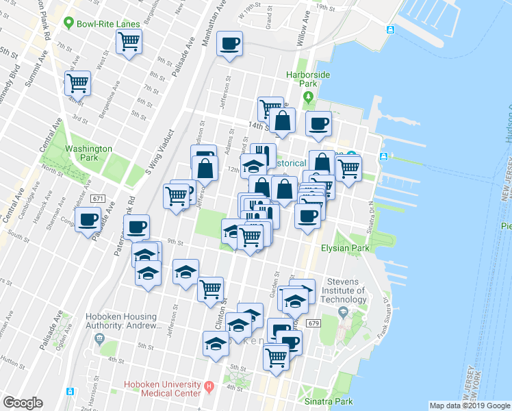 map of restaurants, bars, coffee shops, grocery stores, and more near 315 11th Street in Hoboken