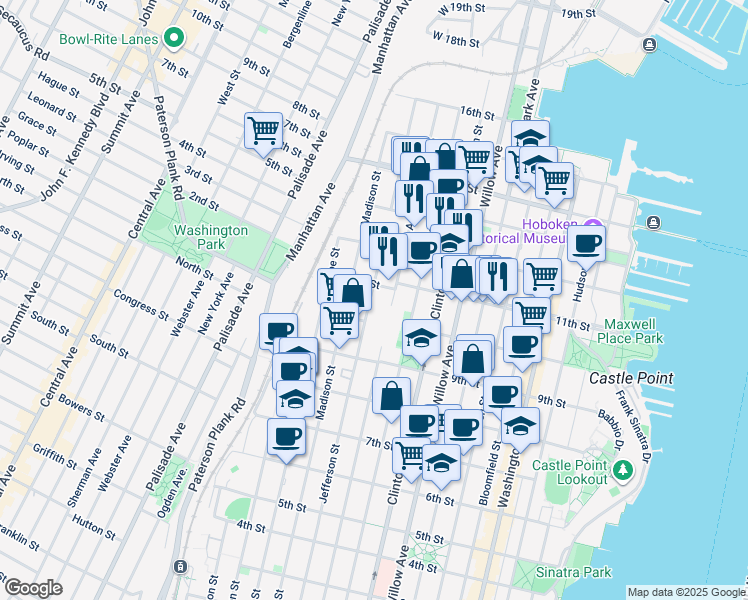 map of restaurants, bars, coffee shops, grocery stores, and more near 1024 Adams Street in Hoboken