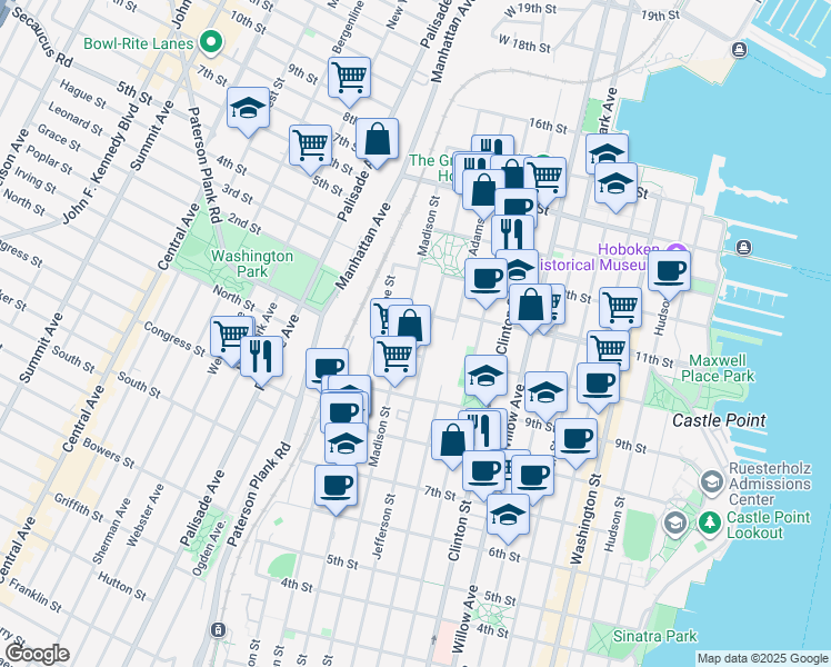 map of restaurants, bars, coffee shops, grocery stores, and more near 1001 Madison Street in Hoboken