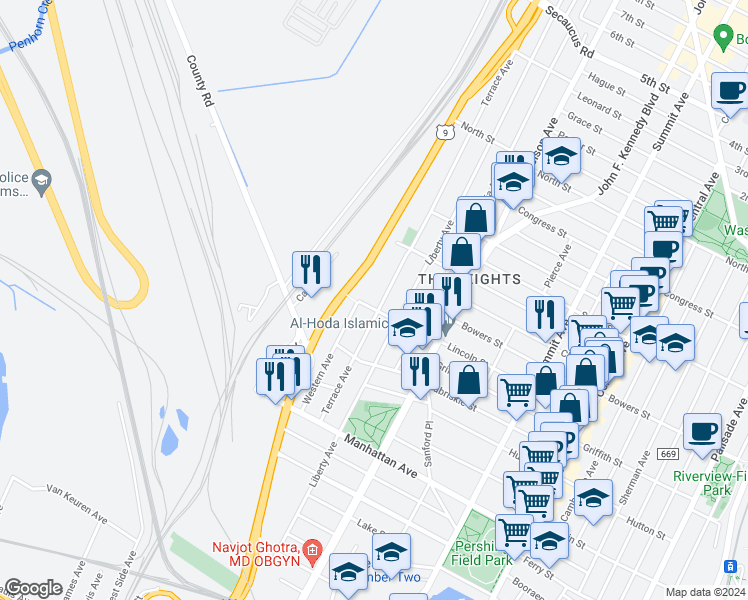 map of restaurants, bars, coffee shops, grocery stores, and more near 119 Terrace Avenue in Jersey City