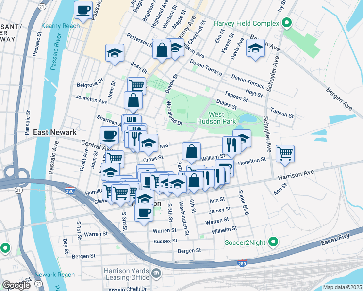 map of restaurants, bars, coffee shops, grocery stores, and more near 512 Davis Avenue in Harrison