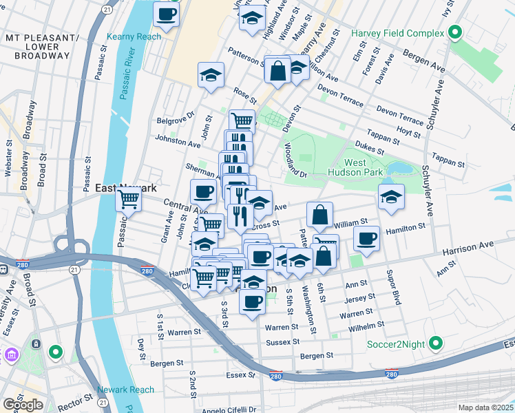 map of restaurants, bars, coffee shops, grocery stores, and more near 436 Central Avenue in Harrison