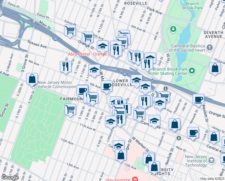 map of restaurants, bars, coffee shops, grocery stores, and more near 26 North 7th Street in Newark