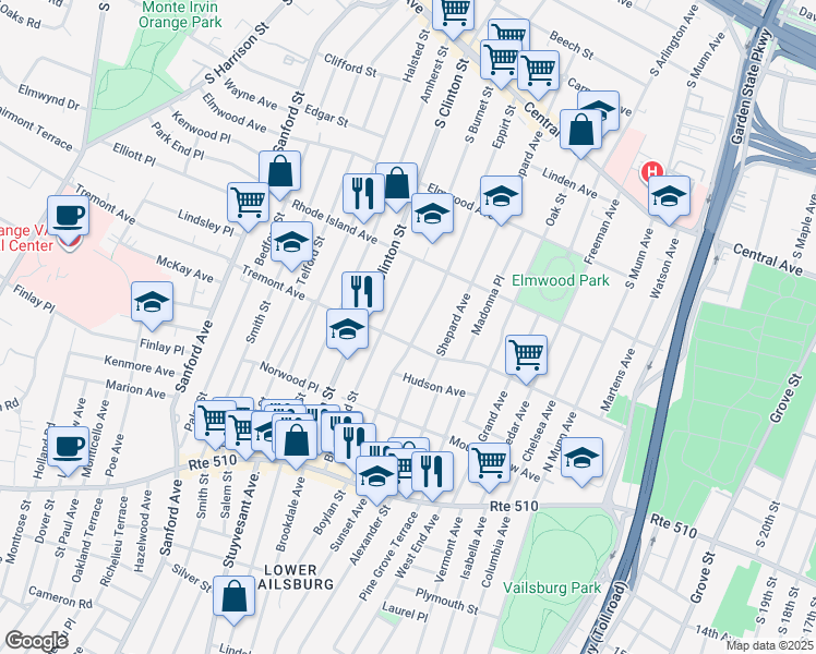 map of restaurants, bars, coffee shops, grocery stores, and more near 217 Eppirt Street in East Orange