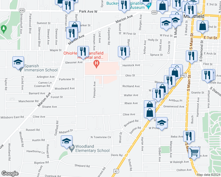 map of restaurants, bars, coffee shops, grocery stores, and more near 300 Wood Street in Mansfield