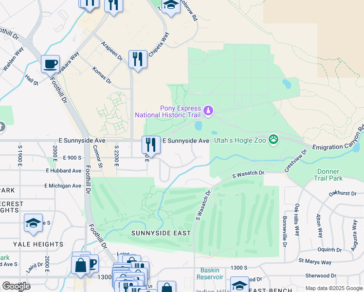 map of restaurants, bars, coffee shops, grocery stores, and more near 2400 East Sunnyside Avenue in Salt Lake City