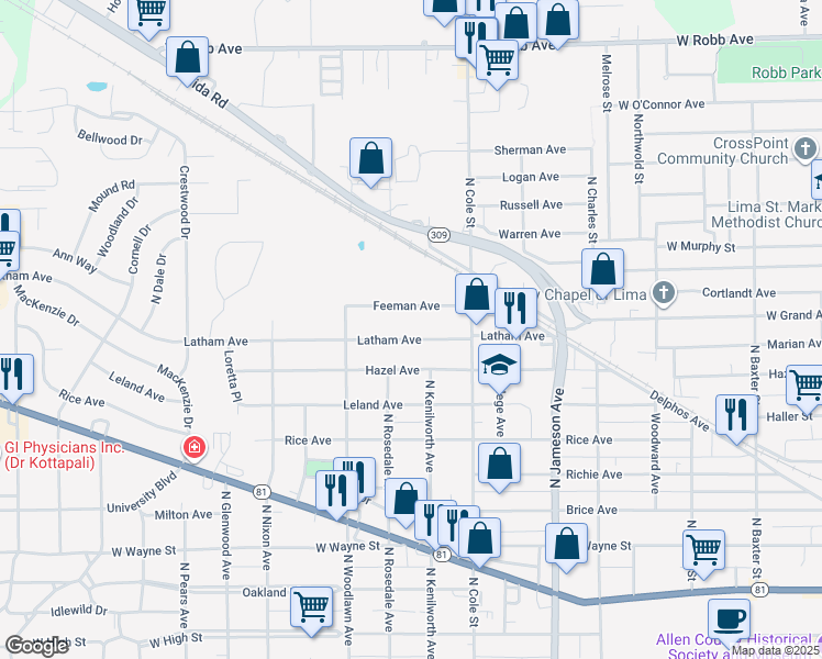 map of restaurants, bars, coffee shops, grocery stores, and more near 1372 Latham Avenue in Lima