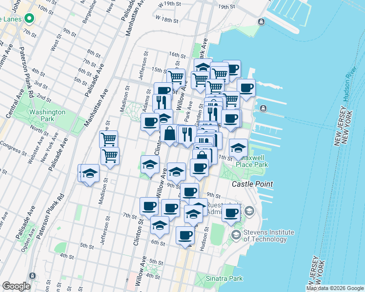 map of restaurants, bars, coffee shops, grocery stores, and more near 218 11th Street in Hoboken