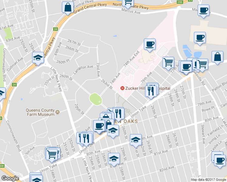map of restaurants, bars, coffee shops, grocery stores, and more near 74-22 263rd Street in Queens