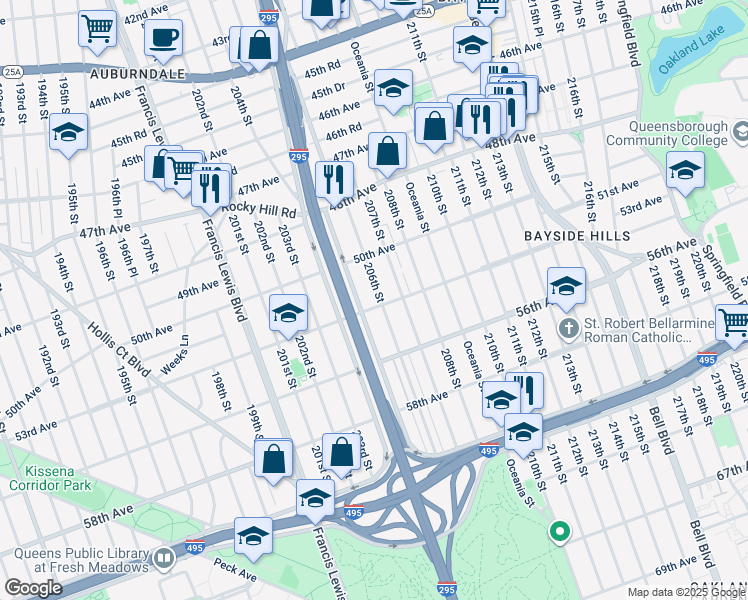 map of restaurants, bars, coffee shops, grocery stores, and more near 50-50 206th Street in Queens