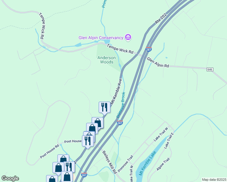 map of restaurants, bars, coffee shops, grocery stores, and more near 2 Baxter Farm Road in Morristown