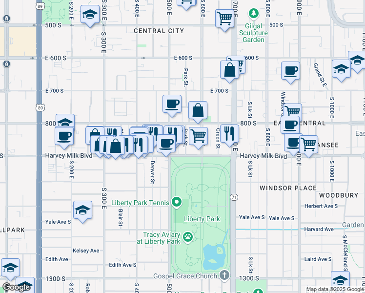 map of restaurants, bars, coffee shops, grocery stores, and more near 860 Park Street in Salt Lake City