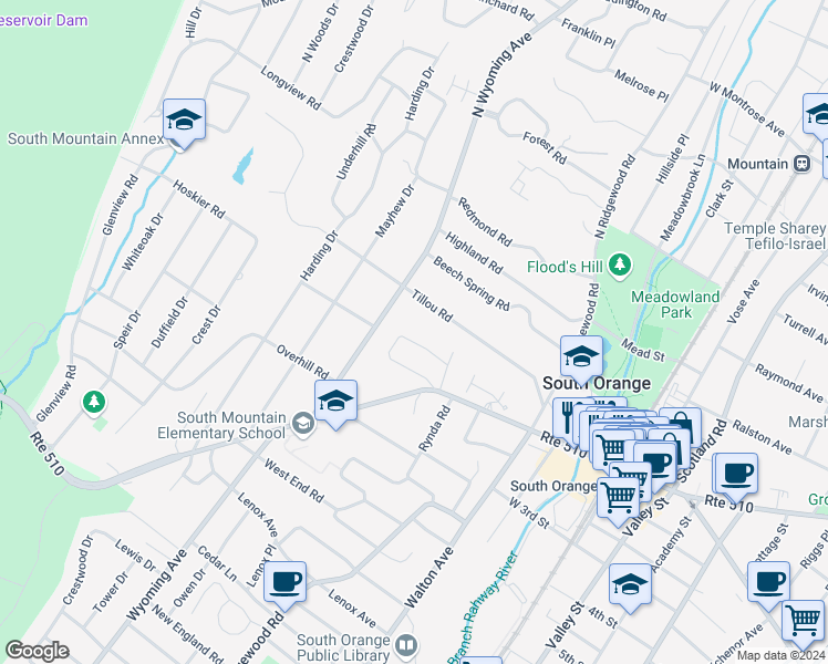 map of restaurants, bars, coffee shops, grocery stores, and more near 29 Hart Drive South in South Orange