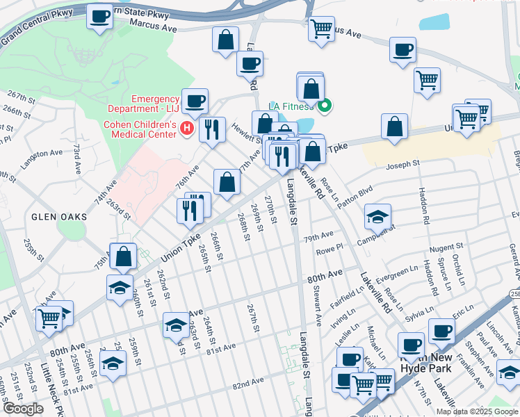 map of restaurants, bars, coffee shops, grocery stores, and more near 269-07 78th Avenue in Queens