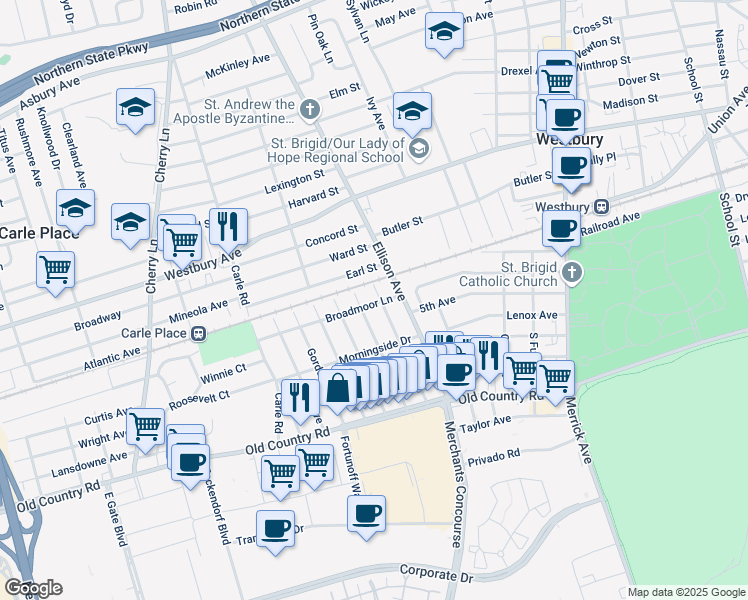 map of restaurants, bars, coffee shops, grocery stores, and more near 211 Manhattan Avenue in Westbury