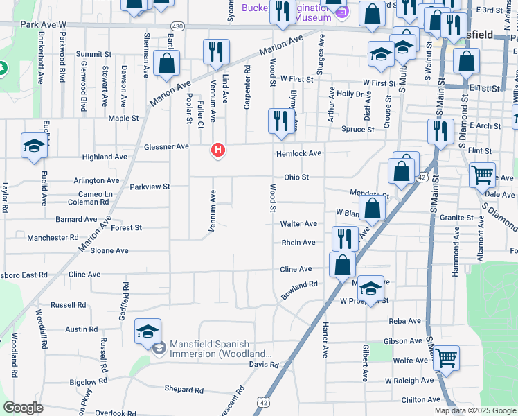 map of restaurants, bars, coffee shops, grocery stores, and more near 300 Wood Street in Mansfield
