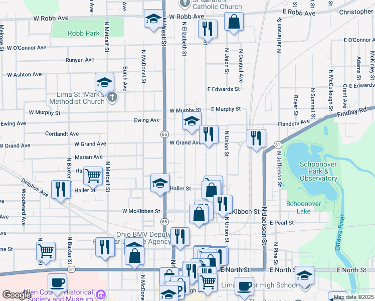 map of restaurants, bars, coffee shops, grocery stores, and more near 688 North Elizabeth Street in Lima