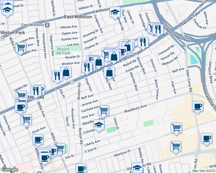 map of restaurants, bars, coffee shops, grocery stores, and more near 207 Pershing Parkway in Mineola