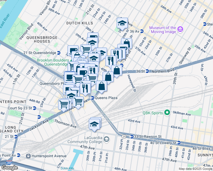 map of restaurants, bars, coffee shops, grocery stores, and more near 29-76 Northern Boulevard in Queens