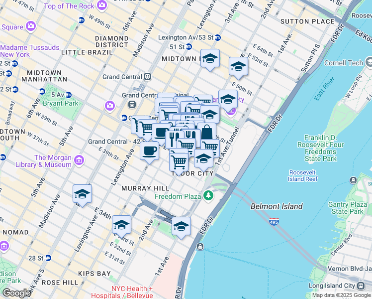 map of restaurants, bars, coffee shops, grocery stores, and more near 815 2nd Avenue in New York