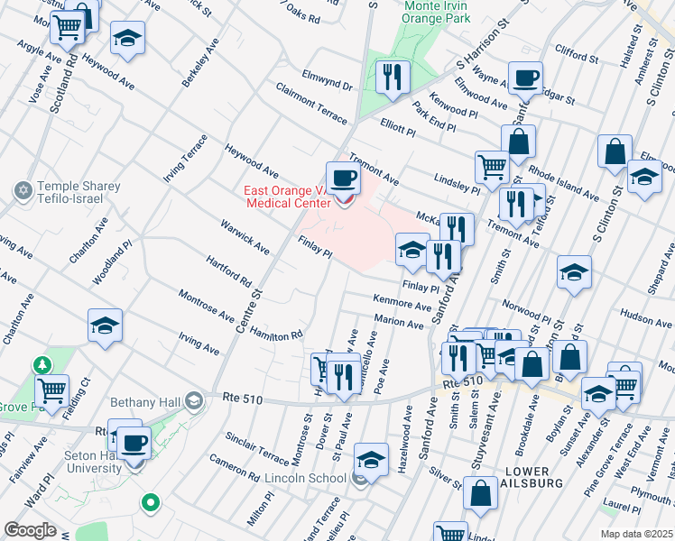 map of restaurants, bars, coffee shops, grocery stores, and more near 658 Hamilton Road in South Orange