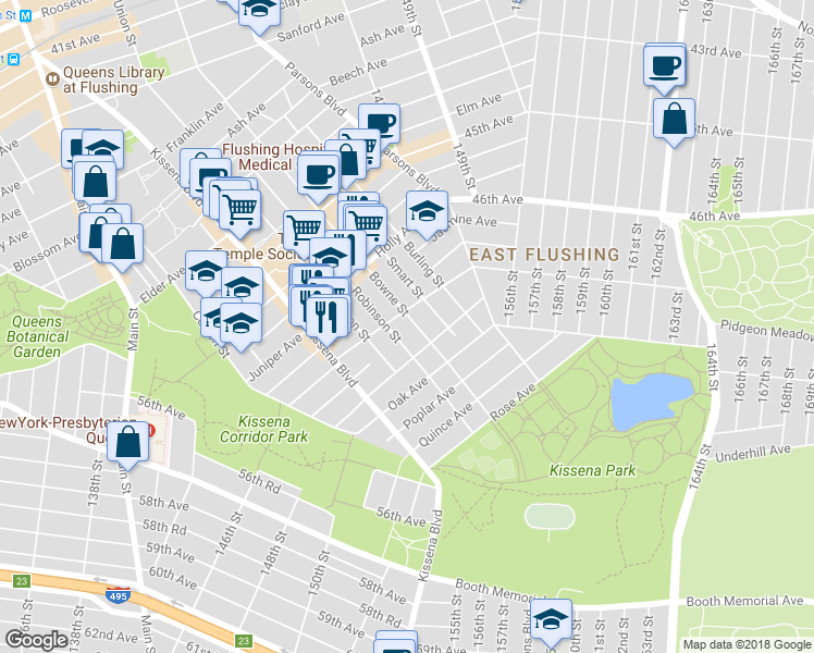 map of restaurants, bars, coffee shops, grocery stores, and more near 47-12 Bowne Street in Queens