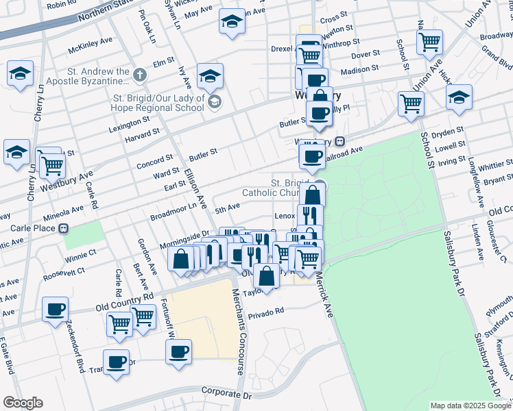 map of restaurants, bars, coffee shops, grocery stores, and more near 34 5th Avenue in Westbury