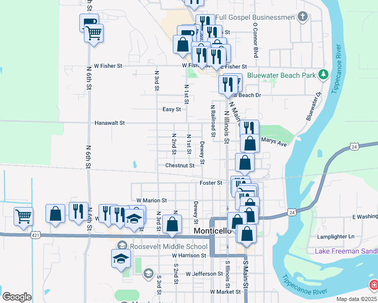 map of restaurants, bars, coffee shops, grocery stores, and more near 400 Walnut Street in Monticello