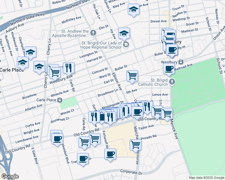 map of restaurants, bars, coffee shops, grocery stores, and more near 211 Manhattan Avenue in Westbury
