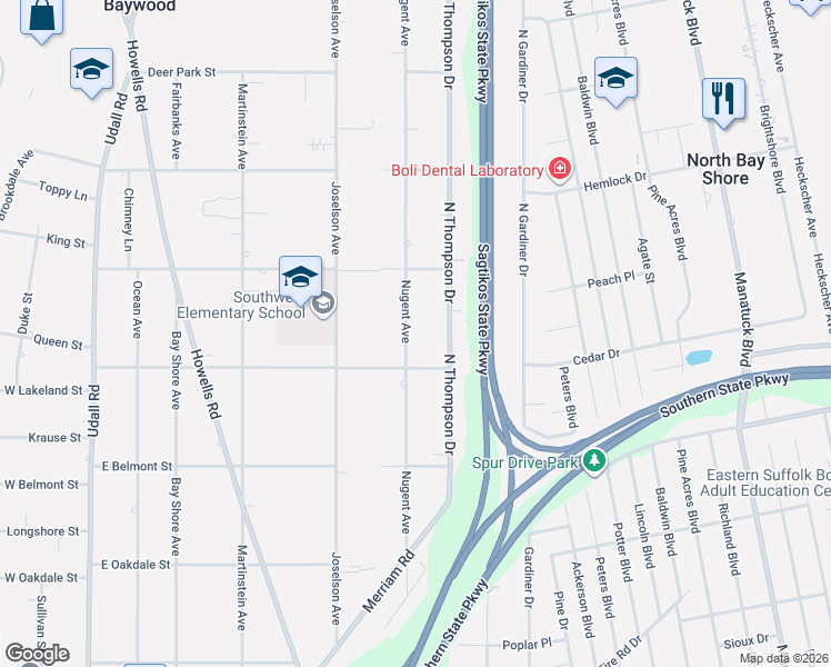 map of restaurants, bars, coffee shops, grocery stores, and more near 1094 Nugent Avenue in Bay Shore