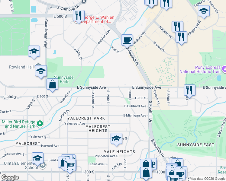 map of restaurants, bars, coffee shops, grocery stores, and more near 1920 East Sunnyside Avenue in Salt Lake City