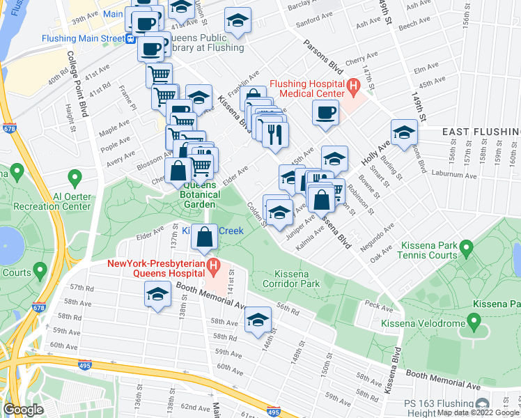 map of restaurants, bars, coffee shops, grocery stores, and more near 45-15 Colden Street in Queens