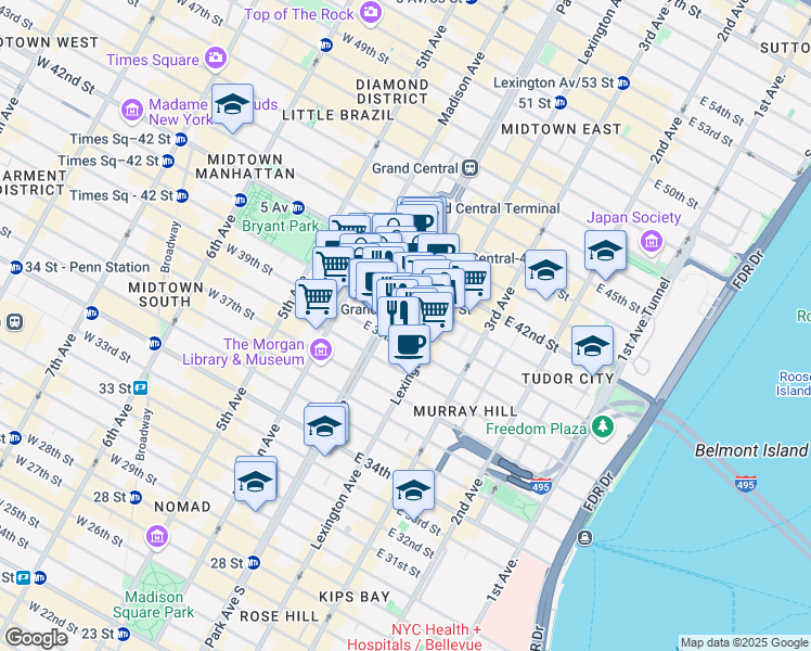 map of restaurants, bars, coffee shops, grocery stores, and more near in New York
