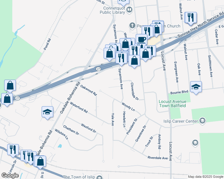 map of restaurants, bars, coffee shops, grocery stores, and more near 16 Edmarc Court in Oakdale