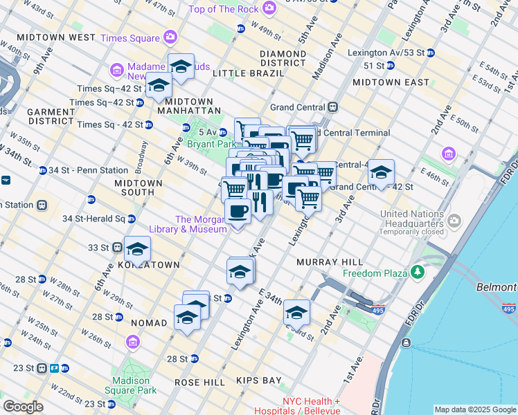 map of restaurants, bars, coffee shops, grocery stores, and more near 27-29 East 39th Street in New York
